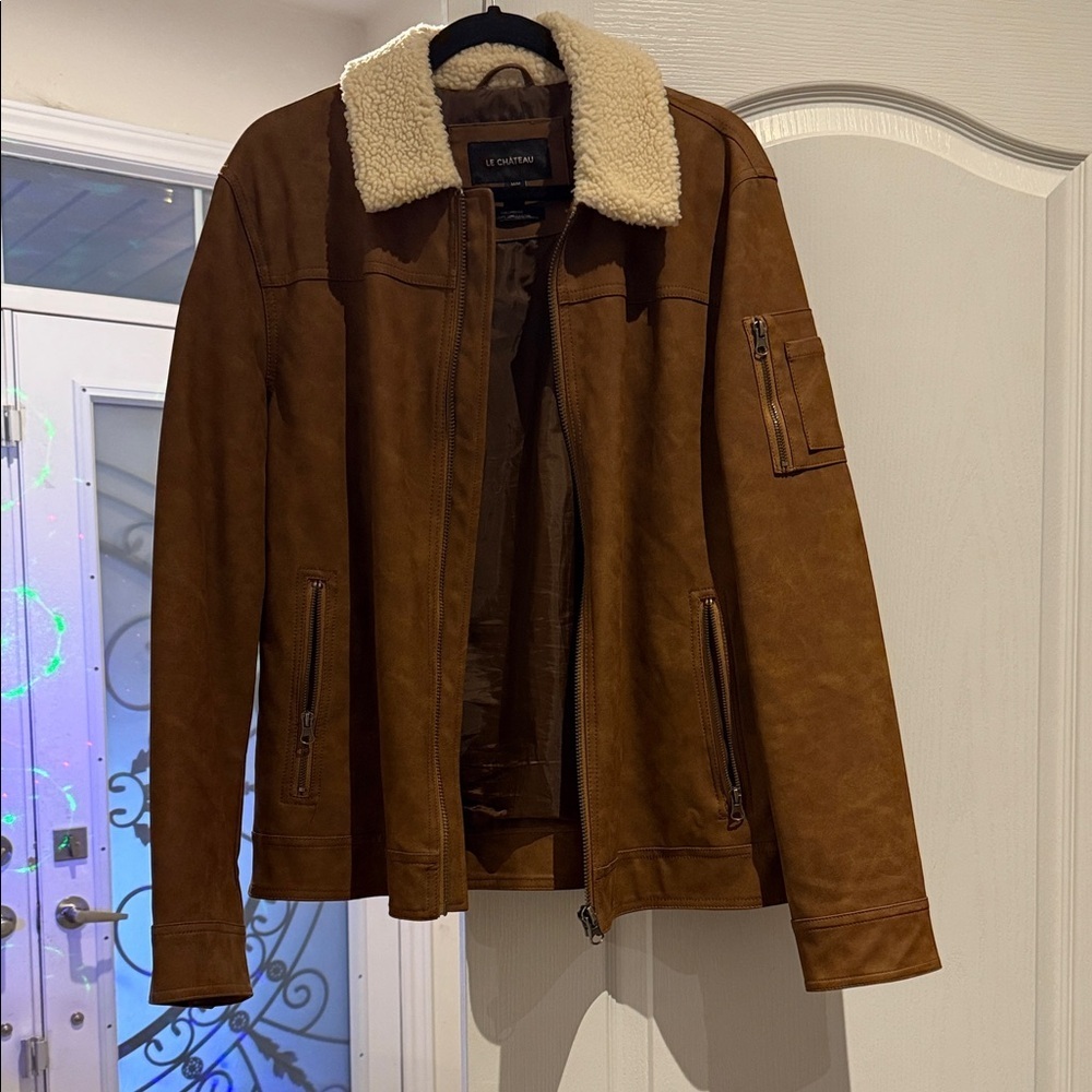 Le Chateau Brown Faux Leather Jacket with Shearling Collar